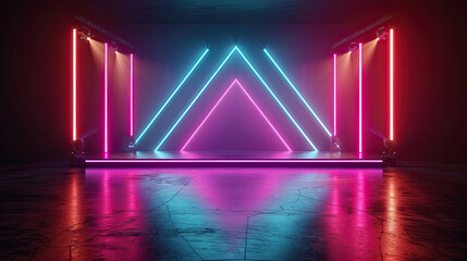 The image is a dark room with a glowing pink and blue neon triangle on the wall. The floor is reflecting the light.