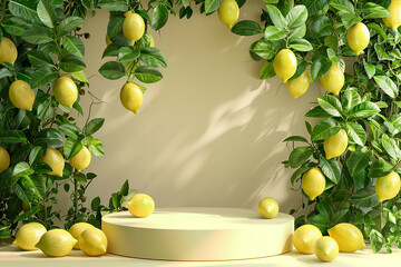 Empty Podium Surrounded by Fresh Lemons and Lush Greenery
