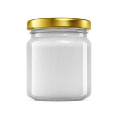 Glass jar with a gold lid filled with coconut oil isolated. Transparent PNG image.