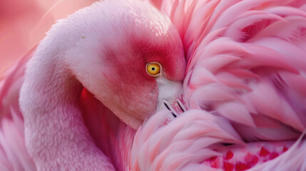 Fototapeta premium Extreme close-up of a pink flamingo preening its feathers in an African lake