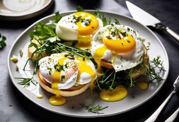 delicious poached eggs benedict crunchy toasted muffin plate, breakfast, brunch, yolk, hollandaise, sauce, gourmet, cooked, tasty, dish, restaurant, dining