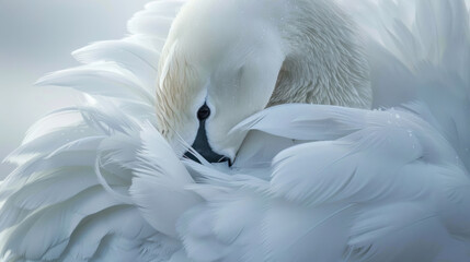 Fototapeta premium Extreme close-up of a white swan preening its feathers in the wild