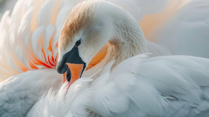 Fototapeta premium Extreme close-up of a white swan preening its feathers in the wild