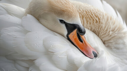 Obraz premium Extreme close-up of a white swan preening its feathers in the wild