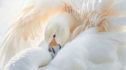 Obraz premium Extreme close-up of a white swan preening its feathers in the wild