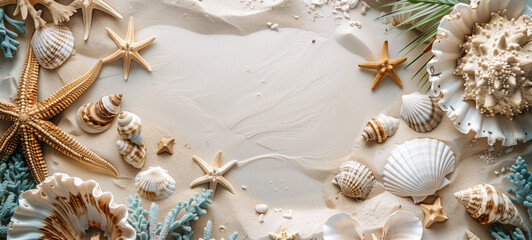 Seashells and starfish arranged on sandy beach background