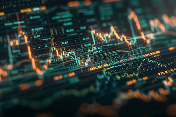 Dynamic digital financial charts displaying intricate stock market patterns, indicators glowing with real-time data, symbolizing rapid financial growth.