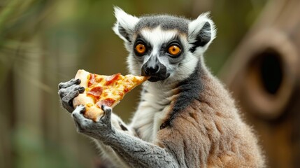 Obraz premium image of a lemur holding a slice of pepperoni pizza in a lush, tropical forest, with a surprised expression, playful and whimsical concept, horizontal photo, defocus