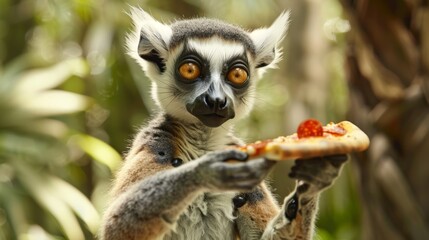 Obraz premium image of a lemur holding a slice of pepperoni pizza in a lush, tropical forest, with a surprised expression, playful and whimsical concept, horizontal photo, defocus