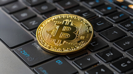 Golden Bitcoin coin on a laptop keyboard, symbolizing digital currency and technology