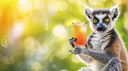 Funny image of a lemur sipping an orange drink with a straw against a vibrant yellow background, tropical and playful concept, horizontal image