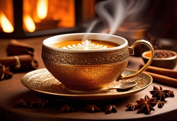 steaming chai tea latte infused spices cozy setting, cup, drink, warm, beverage, aromatic, cinnamon, cloves, ginger, cardamom, comfort, relaxation, delicious