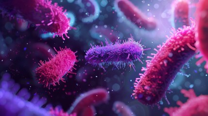 Red and purple bacterial cells in dynamic motion, digital art for scientific visualization. Microbiology and health concept