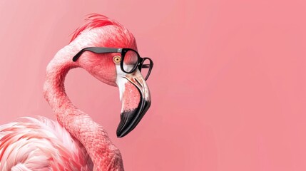 Humorous close-up of a bright pink flamingo wearing stylish glasses, set against a vibrant pink background, playful and trendy concept, horizontal image