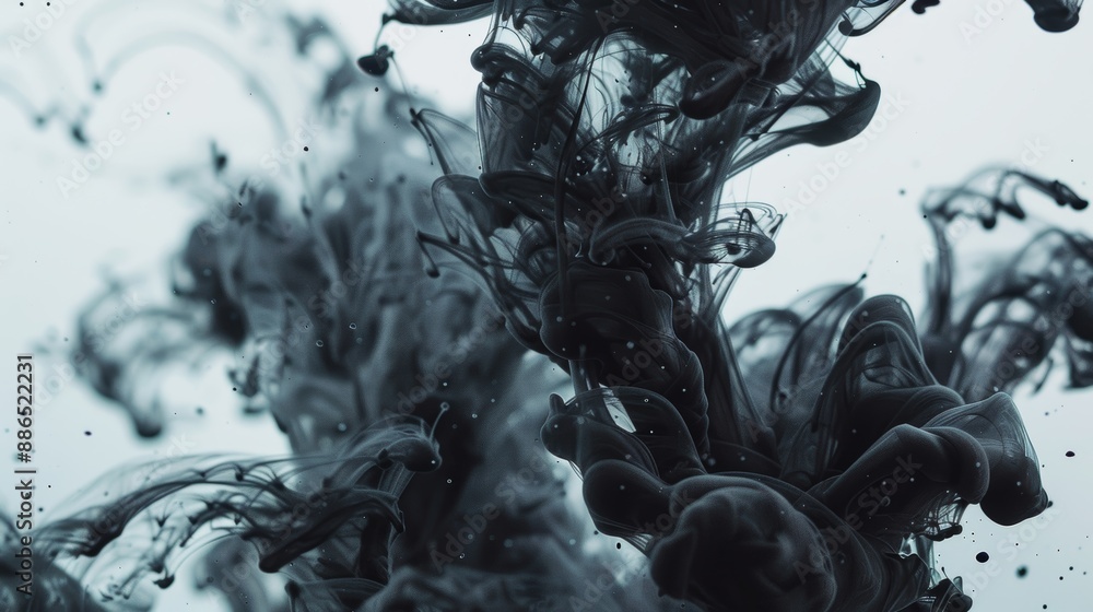 Poster close up of black ink forming abstract shapes while dissolving in water with a white background