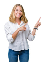 Beautiful young business woman over isolated background smiling and looking at the camera pointing with two hands and fingers to the side.