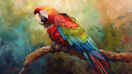 Obraz premium Intimate portrait of a parrot perched on a branch, showcasing its colorful feathers