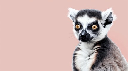 Ring-tailed lemur with striking orange eyes and lush green palm leaves, against a vibrant pink background, vibrant and exotic scene, horizontal image