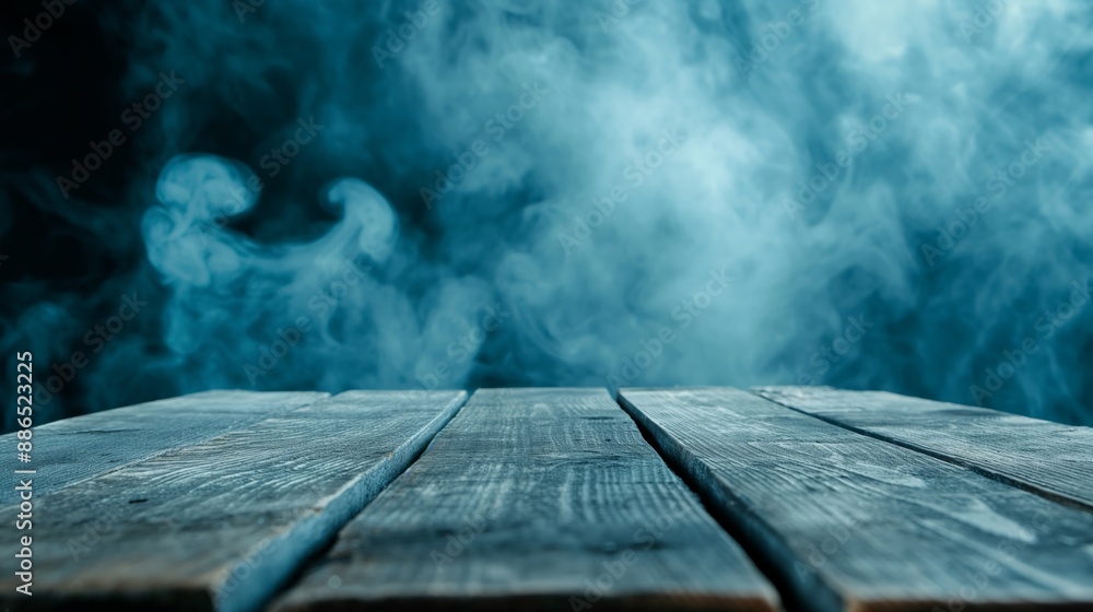 Poster a blue smokey background with a wooden table in the foreground. the table is empty and the backgroun