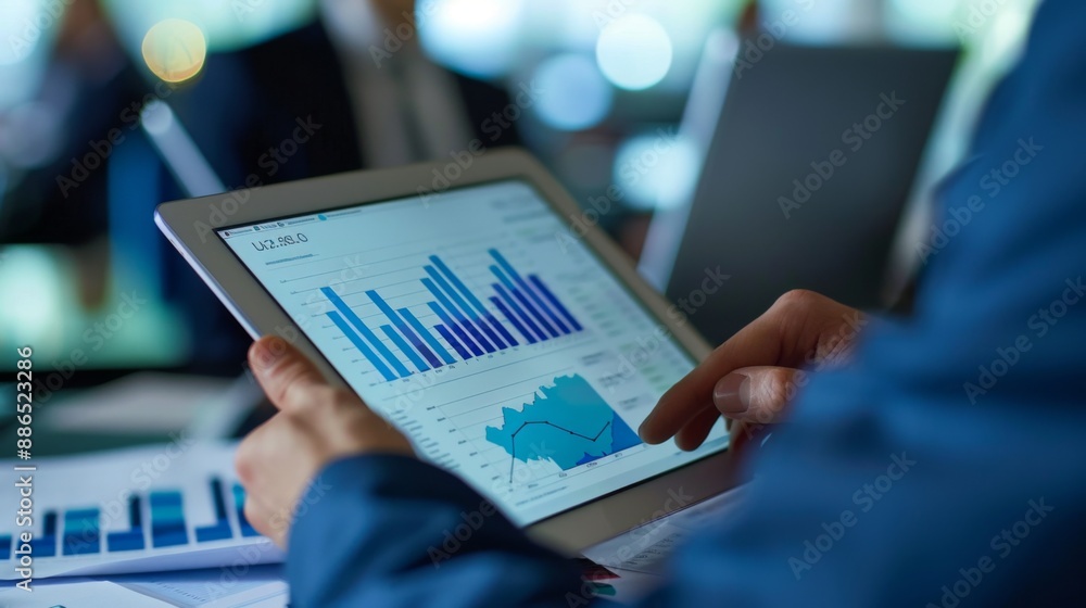Fototapete a financial advisor explaining investment graphs to a client using a tablet.