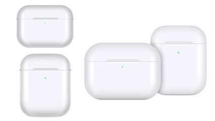 a realistic vector illustration of white earphones inside a charging case.