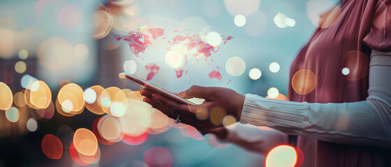 A woman holds a phone with a digital world map glowing above it, capturing global connectivity and modern technology's influence.
