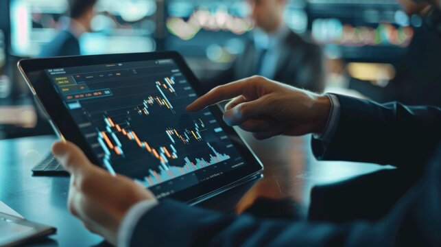A financial analyst pointing to a candlestick chart on a tablet during a meeting.