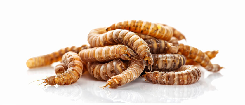 A pile of mealworms against a white background, showcasing their texture and form, often used for feeding pets and in educational settings.