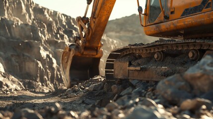 Bucket of yellow excavator work with ground closeup on sunny day