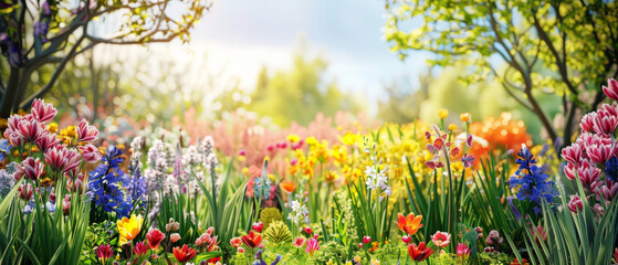 Obraz premium A bustling, vibrant spring garden filled with an array of colorful flowers in full bloom, under a bright blue sky.