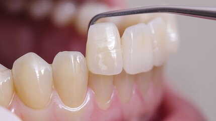 Dentist hygienist using hook to polish teeth and remove plaque and tarter in patient mouth for thorough cleaning and checkup routine