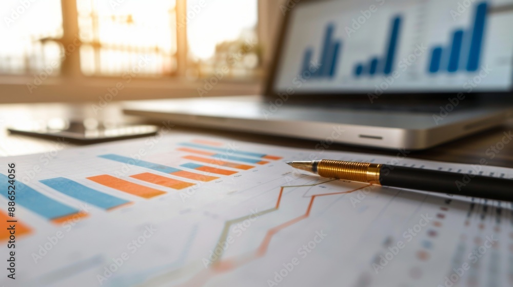 Aufkleber a financial report with stock market graphs and charts spread out on an office desk.