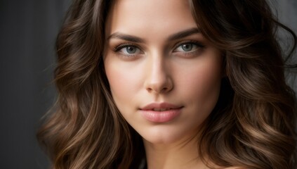 Fototapeta premium A close-up photo of a beautiful woman with long brown hair and blue eyes. She has a lovely smile and is gazing off to the left.