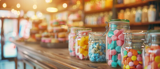 A nostalgic candy shop counter lined with jars of colorful sweets, with light streaming warmly through the windows.
