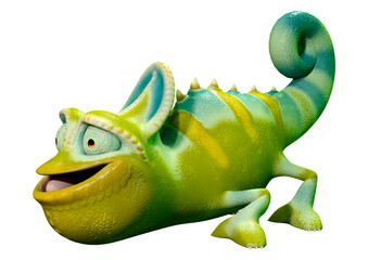 3D Rendering Cartoon Chameleon on White