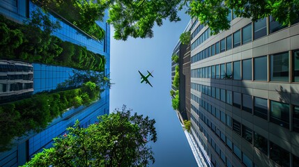 Sustainable Office Building with Green Environment and Airplane in Sky
