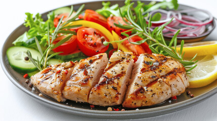 Sliced grilled chicken breast is served on a plate with fresh vegetables and lemon