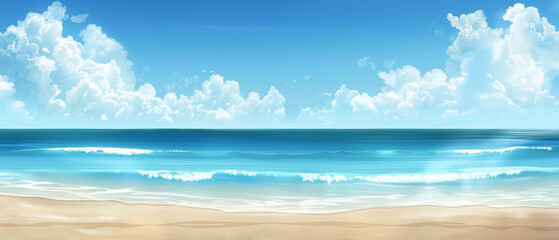 Obraz premium Expansive view of a serene beach with gentle waves and fluffy clouds under a brilliant blue sky, embodying tranquility and natural beauty.