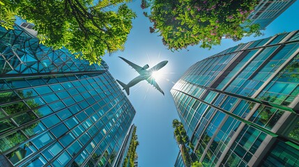 Green building concept with airplane in the sky. Environmentally friendly building. Sustainable glass office building with tree for carbon dioxide reduction. Office with green environment. Company bui