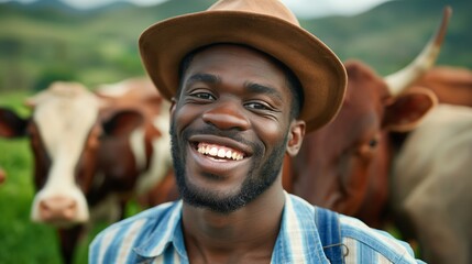A man with a brown hat and a smile is standing in front of cows. The cows are in the background. Happy black man, tablet and animals in agriculture, farming or sustainability in the countryside.