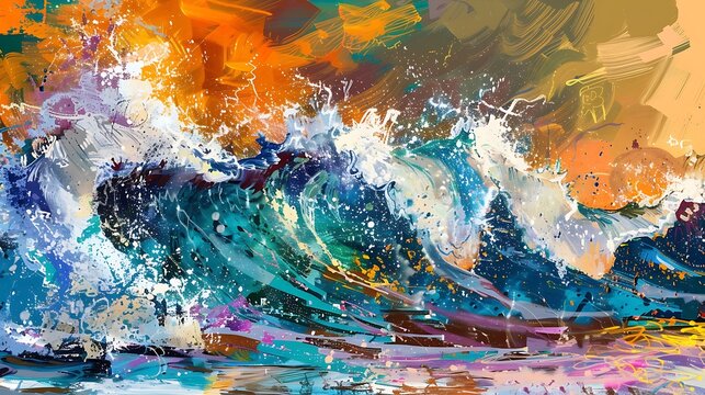A dynamic, colorful graffiti style image of large ocean waves hitting the European coast. Urban and lively.