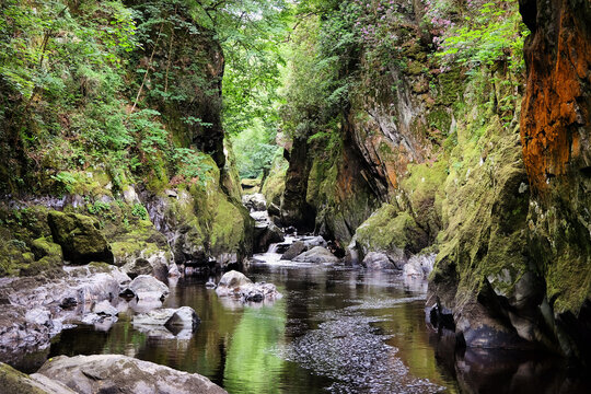The River Conwy flows throw a steep ravine known as Fairy Glen, Betws y Coed, Snowdonia, North Wales,