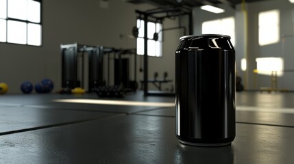 Energetic Gym Vibes: Sleek Blank Energy Drink Can on Angled View Background