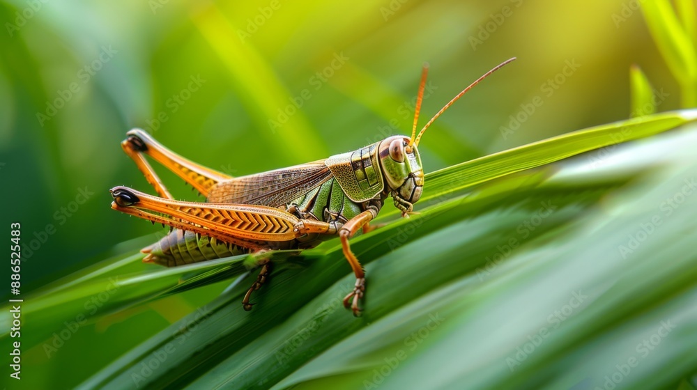 Poster a grasshopper sitting on a green leaf, ready to jump.