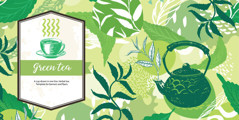 Green banner for tea design. Tea shop. A cup drawn in one line.