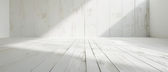 Obraz premium Bright, minimalistic white room with light streaming through an open window, highlighting the wooden floor and evoking a sense of space and freshness.