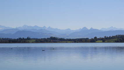 Lake Pfaeffikon and mountain ranges, Switzerland.