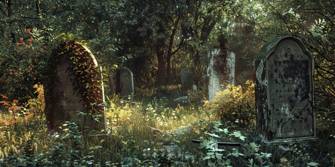 Forgotten Graves of Glory: Overgrown headstones, names weathered away with time.