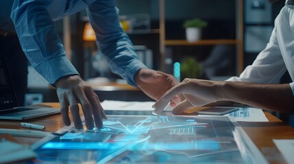 Close up ux developer and ui designer use augmented reality brainstorming about mobile app interface wireframe design on desk at modern office.Creative digital development agency