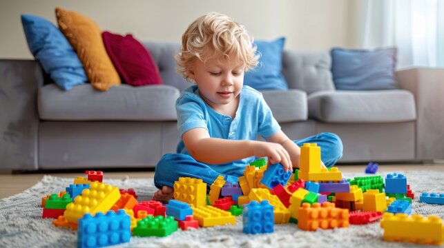 a Child playing with building blocks on a living room floor with minimalist background